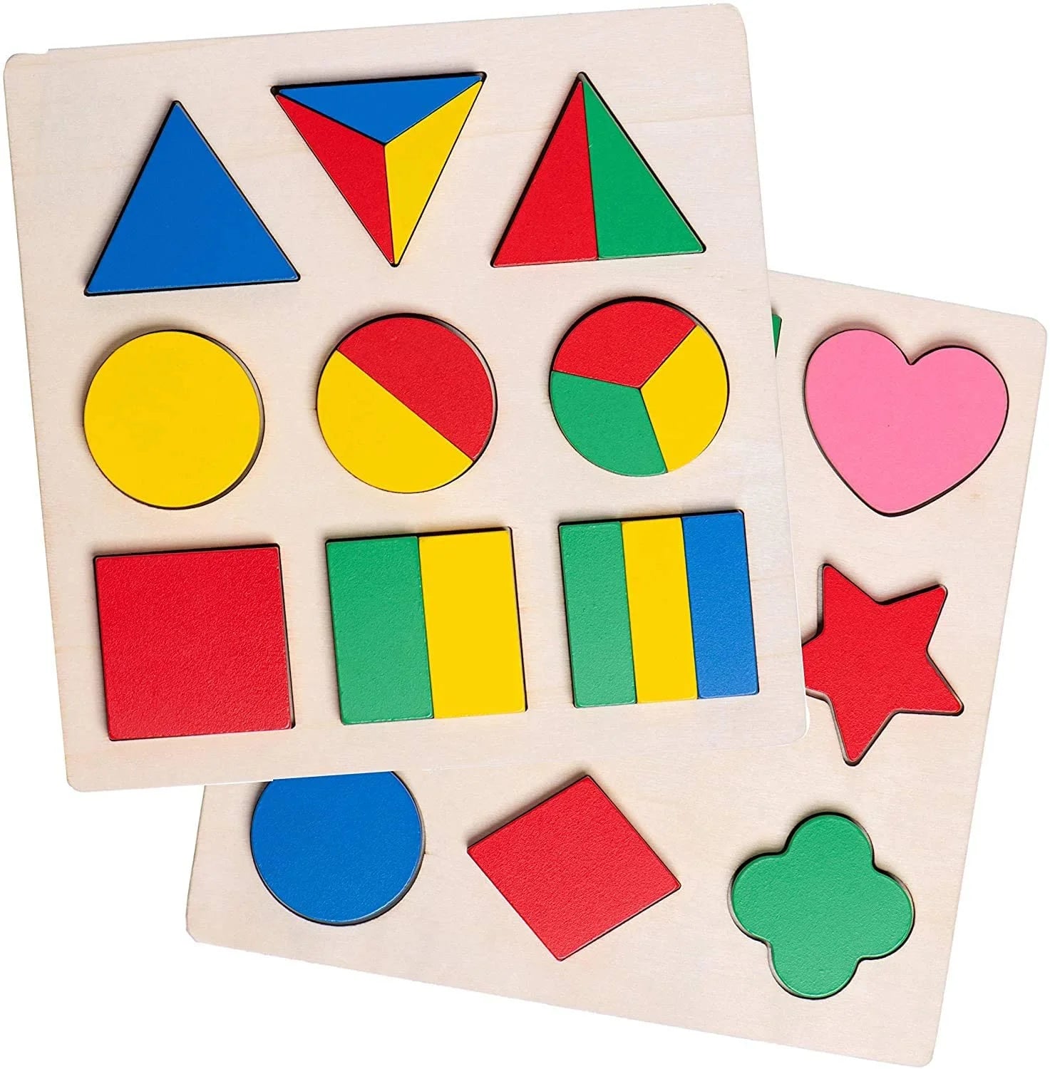 Set of 2 Wooden Shape Puzzles for Toddlers 1-3 with Assorted Blocks - Safe and Vibrant Montessori Toys for Little Girls and Boys - Shape Puzzles and Toy Blocks