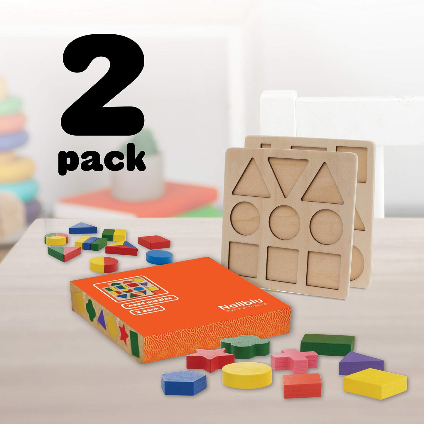 Set of 2 Wooden Shape Puzzles for Toddlers 1-3 with Assorted Blocks - Safe and Vibrant Montessori Toys for Little Girls and Boys - Shape Puzzles and Toy Blocks