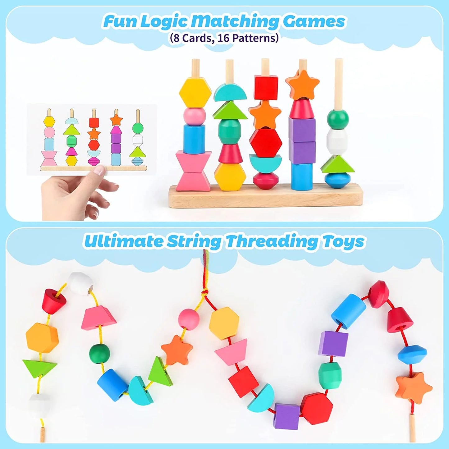 Wooden Beads Sequencing Play Set for Kids, Montessori Lacing Beads & Stacking Blocks & Matching Shapes Colors Toys, Best Preschool Learning Toys for Toddler 2 3 4 5 Year Old Boys Girls