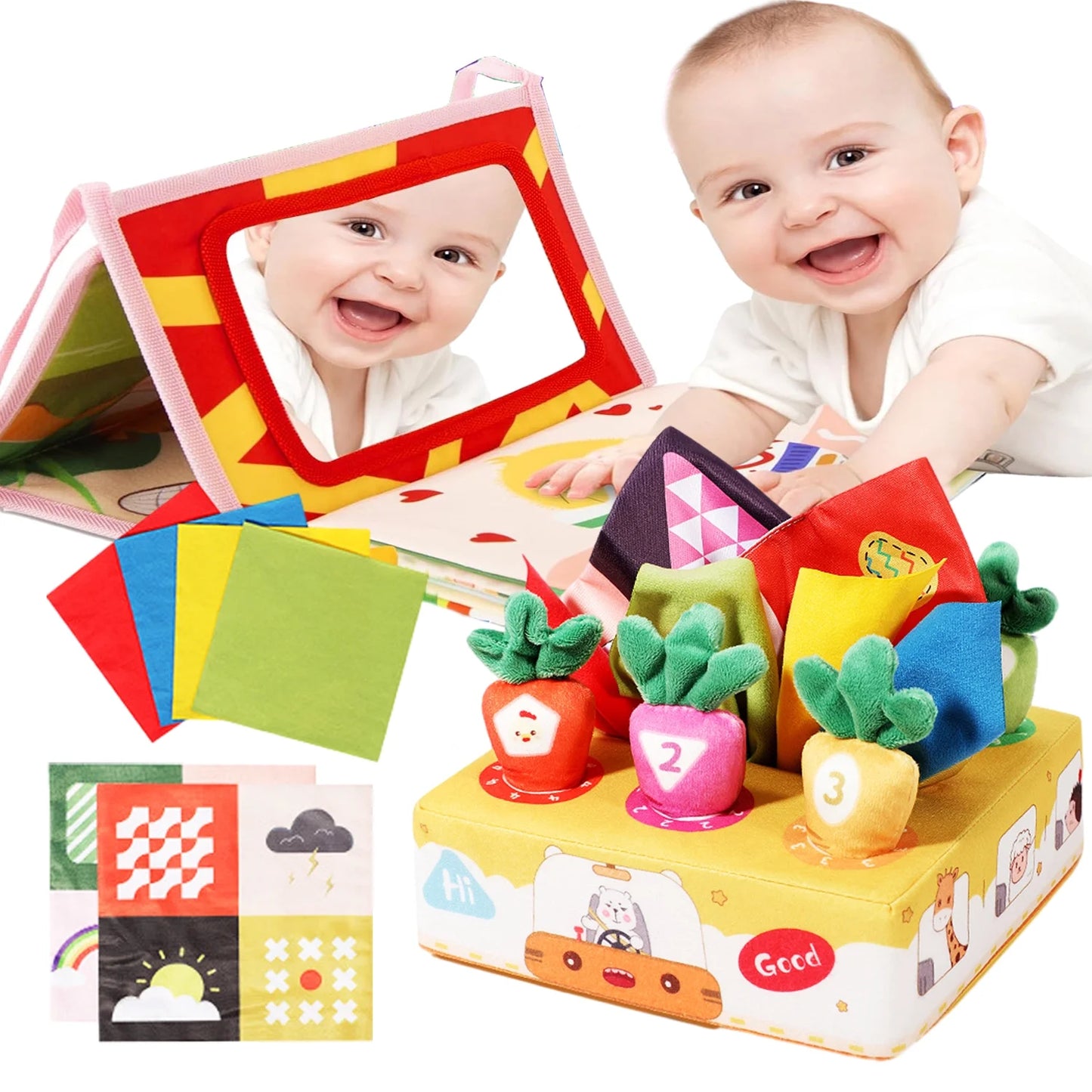 Sensory Toys Set with Baby Tissue Box Toy and Mirror Toys, Montessori Infant Toys for Baby 0 3 6 9 Months, High Contrast Newborn Sensory Toy for Baby Boys Girls Christmas Gift