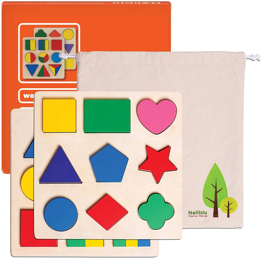 Set of 2 Wooden Shape Puzzles for Toddlers 1-3 with Assorted Blocks - Safe and Vibrant Montessori Toys for Little Girls and Boys - Shape Puzzles and Toy Blocks