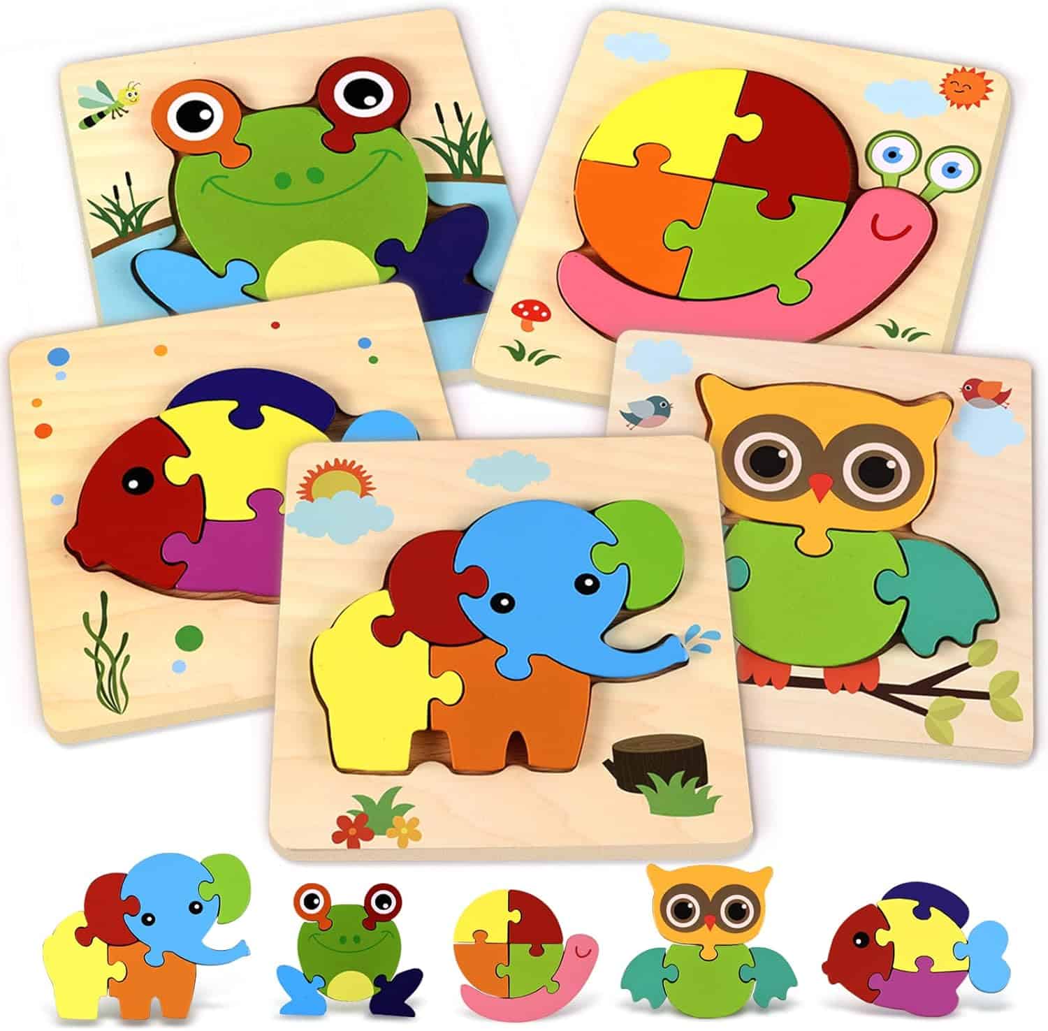 Wooden Jigsaw Puzzles - Educational Wooden Puzzles in Animal Design Shapes with Vibrant Colors, Set of 5 Brain Teaser Puzzles for Boys and Girls with Drawstring Storage Bag