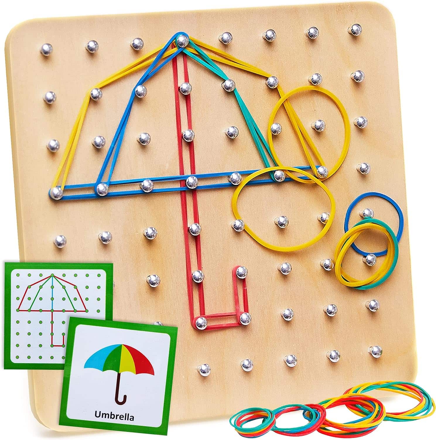 Panda Brothers Wooden Geoboard - Montessori Toys for 3 4 5 Year Old Kids and Toddlers, Educational Toy with 30 Pattern Cards and 40 Rubber Bands to Create Figures, Brain Teaser STEM Toy Geo Board