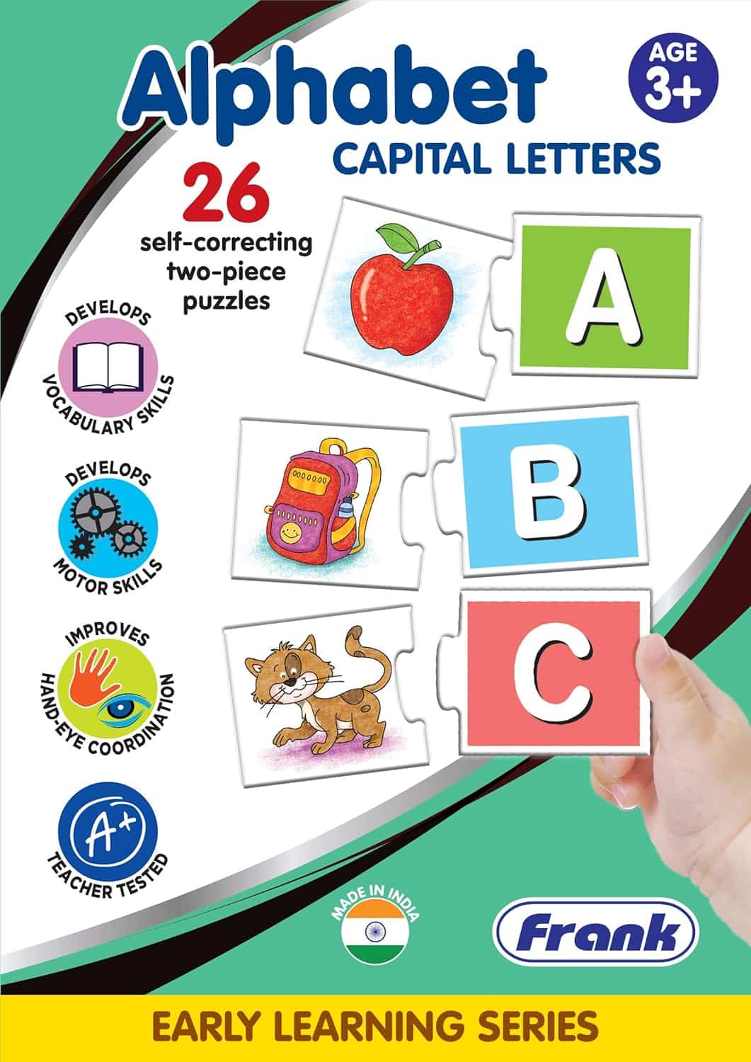 Frank Alphabet Capital Letters Puzzle – 52 Pieces, 26 Self-Correcting 2-Piece Puzzles, Early Learner Educational Jigsaw Puzzle Pair Set with Images | Ages 3 & Above | Educational Toys and Games